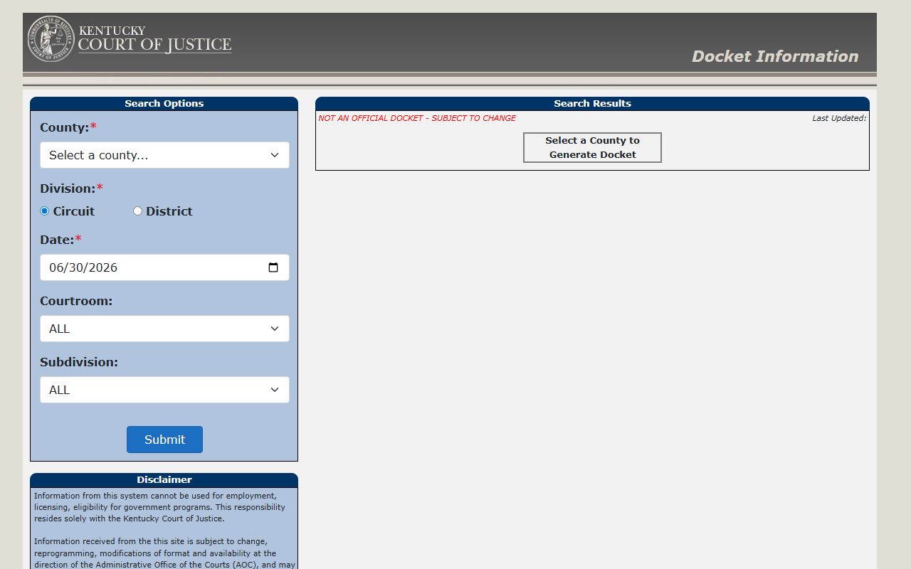Kentucky Court of Justice docket search page for Laurel County court docket lookup