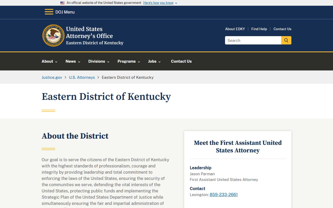 U.S. Attorney's Office for the Eastern District of Kentucky page for federal criminal case context